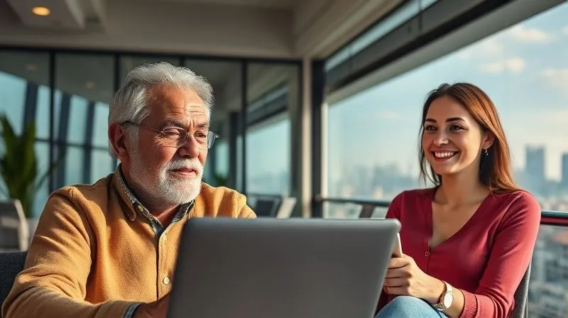 A photorealistic, professional photography, 8K, cinematic lighting, sharp focus, depth of field, shot on a high-end DSLR, showing two diverse individuals (one older, one younger) engaged in a focused video call, both in different scenic remote locations (e.g., one in a modern co-working space, one on a balcony overlooking a city skyline). They are smiling, with a sense of connection and purpose.