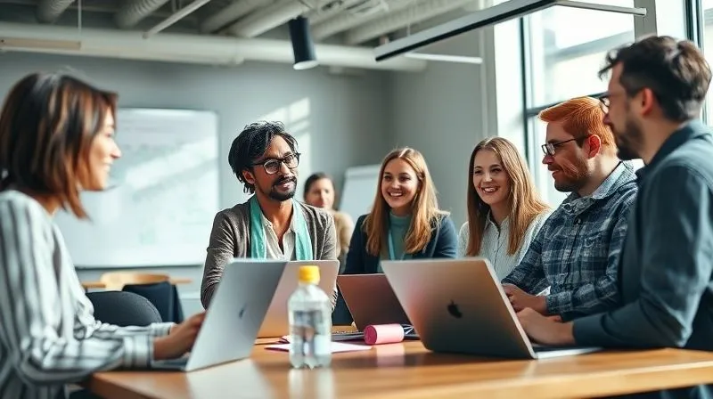 A photorealistic, professional photography, 8K, cinematic lighting, sharp focus, depth of field, shot on a high-end DSLR, showing a diverse group of digital nomads from different backgrounds collaborating and networking in a modern, sunlit co-working space, with laptops and whiteboards. The atmosphere is vibrant, collaborative, and full of positive energy.