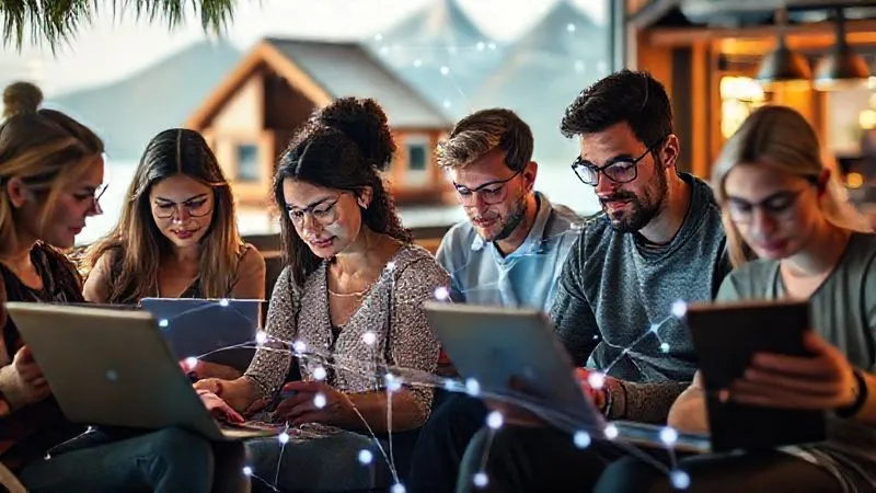 A photorealistic image of a diverse group of digital nomads, each engrossed in their laptops or tablets, working from various scenic locations like a beach cafe, a mountain cabin, and a bustling co-working space, all connected by a subtle, glowing network overlay. Cinematic lighting, sharp focus on their expressions of concentration and freedom, depth of field blurring the background slightly. 8K hyper-detailed, professional photography, shot on a high-end DSLR.