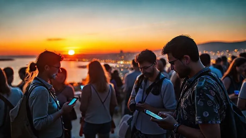 A photorealistic image of a vibrant digital nomad community event, with people networking, sharing ideas, and engaging with content on various devices, set against a backdrop of a beautiful sunset over a coastal city. Cinematic lighting, sharp focus on the interactions and technology, depth of field blurring the distant city lights. 8K hyper-detailed, professional photography, shot on a high-end DSLR.