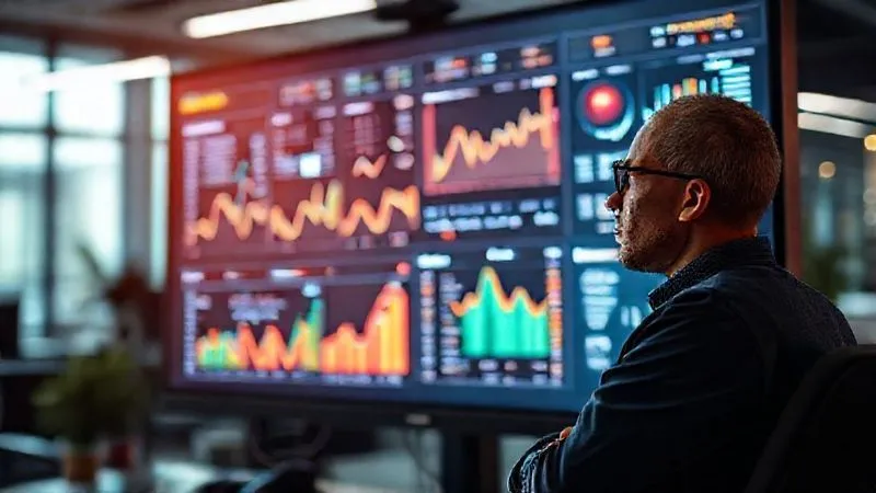 A photorealistic image of a complex analytics dashboard displaying various metrics like traffic, conversions, and engagement, with a digital nomad thoughtfully analyzing the data on a high-resolution monitor. The screen shows vibrant, dynamic charts and graphs. Cinematic lighting, sharp focus on the data and the nomad's thoughtful expression, depth of field blurring a modern office background. 8K hyper-detailed, professional photography, shot on a high-end DSLR.