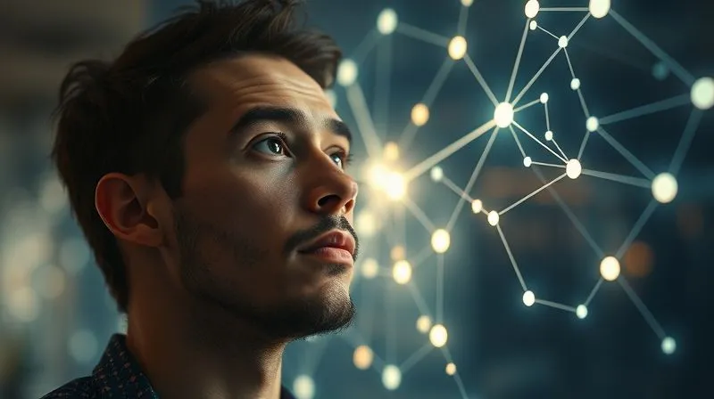 A photorealistic image of a person, possibly a digital nomad, with a thoughtful expression, looking at a complex, glowing network graph on a translucent screen. The graph shows various nodes and lines, some brightly lit and connected, others dim and isolated. Cinematic lighting, sharp focus on the person's face and the screen, depth of field blurring the background, 8K hyper-detailed, professional photography, shot on a high-end DSLR.