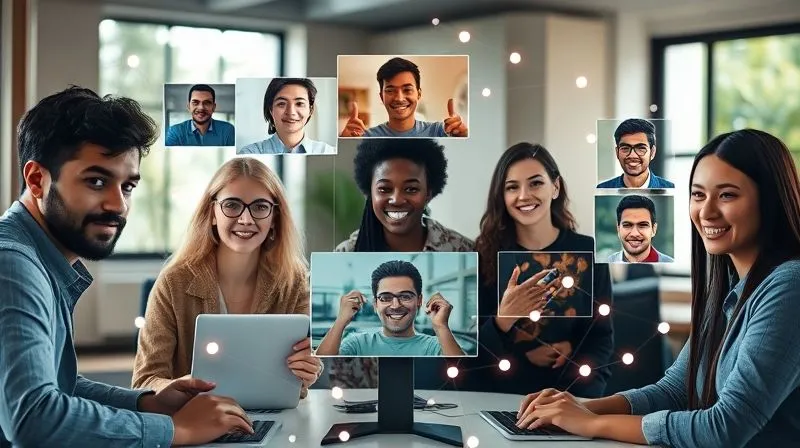 A photorealistic image of a diverse group of digital nomads, from different cultural backgrounds, collaborating virtually. Their faces are visible on multiple screens arranged in a dynamic, holographic display. Glowing lines connect them, symbolizing communication and shared ideas. The background is a modern, minimalist workspace with a touch of nature. Cinematic lighting, sharp focus on the faces and connections, depth of field blurring the background, 8K hyper-detailed, professional photography, shot on a high-end DSLR.