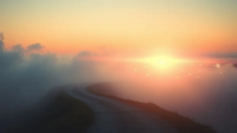 A photorealistic image of a winding path emerging from a dense, symbolic fog, leading towards a clear, bright horizon where a network of glowing, interconnected nodes is visible. The path represents clarity and progress, while the fog represents past confusion or lack of opportunities. Cinematic lighting, sharp focus on the path and the horizon, depth of field blurring the distant fog, 8K hyper-detailed, professional photography, shot on a high-end DSLR.