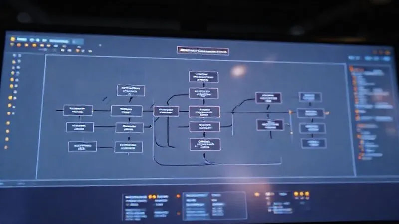 A photorealistic 3D flowchart on a digital screen, showing a complex but organized workflow. Arrows clearly indicate task progression, with some highlighted 'bottleneck' points. Cinematic lighting, sharp focus on the flowchart, depth of field blurring the background. 8K hyper-detailed, professional photography.