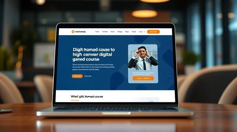 A photorealistic, professional photography shot of a laptop screen displaying a high-converting landing page for a digital nomad course, with clear headlines, compelling testimonials, and a prominent call-to-action button. Cinematic lighting, sharp focus on the screen content, depth of field blurring the background office setting, 8K hyper-detailed, shot on a high-end DSLR.