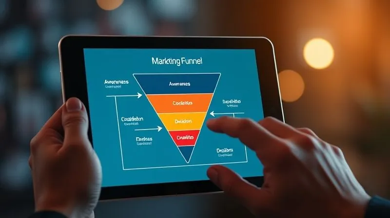 A photorealistic, professional photography shot of a digital marketing funnel visualized on a tablet screen, with distinct stages (Awareness, Consideration, Decision) clearly labeled and flowing into each other, showing arrows indicating user progression. Cinematic lighting, sharp focus on the funnel diagram, depth of field blurring a hand interacting with the tablet, 8K hyper-detailed, shot on a high-end DSLR.