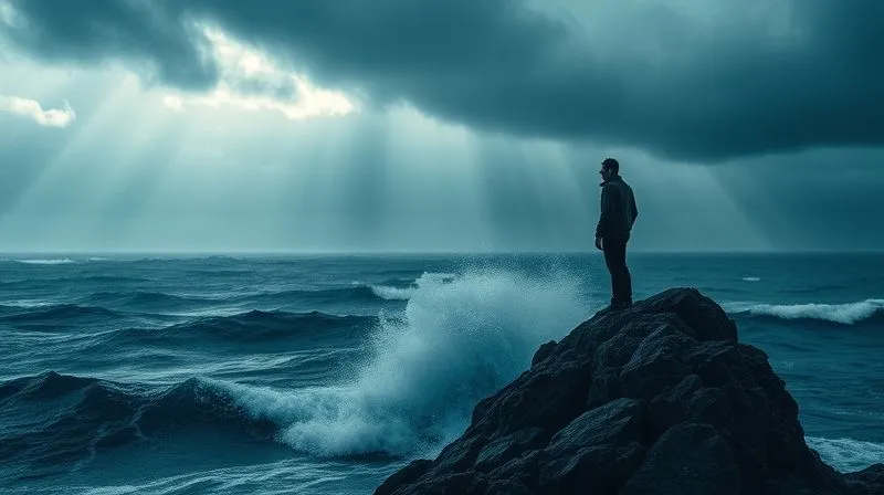 A photorealistic image of a lone figure standing on a rocky outcrop, overlooking a stormy sea, with a ray of sunlight breaking through the clouds. The figure is looking forward with determination, symbolizing resilience and the ability to find light in adversity. Professional photography, 8K, cinematic lighting, sharp focus on the figure, depth of field blurring the waves, shot on a high-end DSLR.