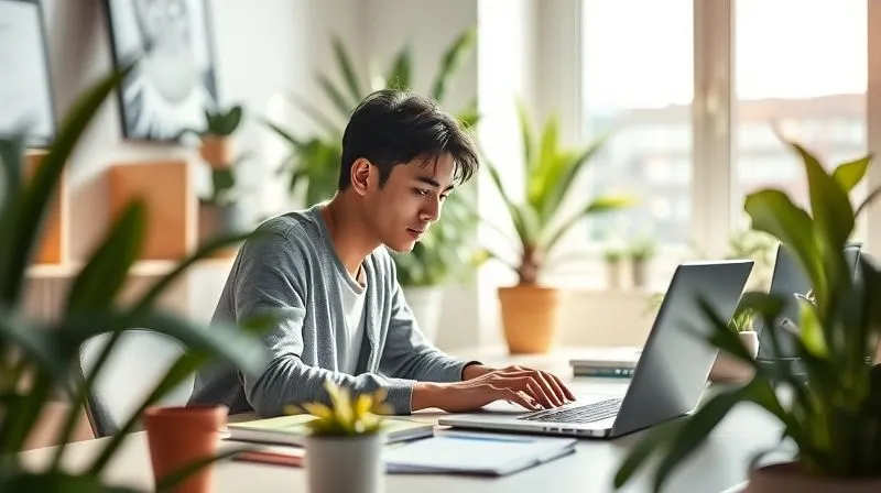 A photorealistic image of a minimalist, organized workspace in a beautiful, sunlit co-working space, with a person intensely focused on a laptop, surrounded by plants and natural light. The atmosphere is calm and productive, symbolizing deep focus and efficiency. Professional photography, 8K, cinematic lighting, sharp focus on the person and laptop, depth of field blurring the background, shot on a high-end DSLR.