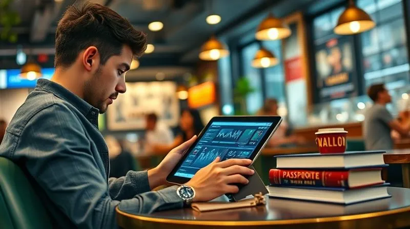 A photorealistic image of a person sitting comfortably in a vibrant, international cafe, engrossed in a digital tablet displaying complex data, with a stack of books beside them and a passport visible. The atmosphere is bustling yet focused, symbolizing continuous learning and global exploration. Professional photography, 8K, cinematic lighting, sharp focus on the person and tablet, depth of field blurring the cafe background, shot on a high-end DSLR.