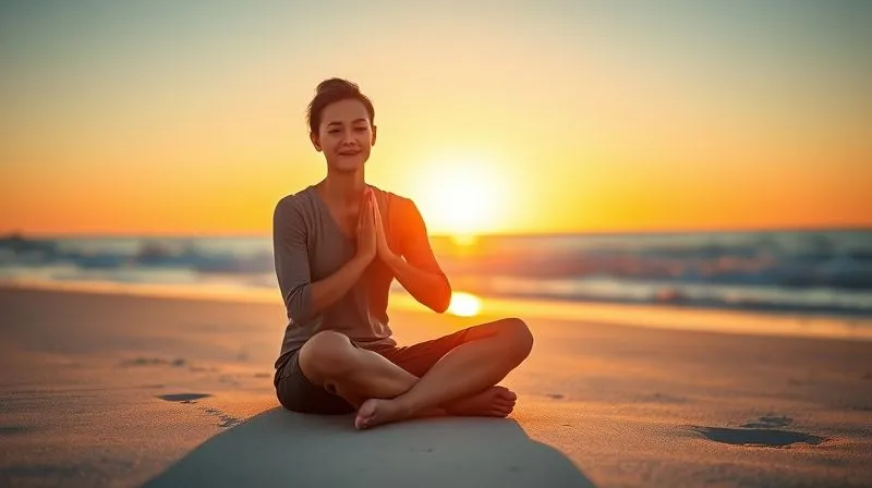 A photorealistic image of a person sitting cross-legged on a pristine beach at sunset, with hands gently pressed together in a gesture of gratitude or meditation. The warm, golden light illuminates their peaceful expression, symbolizing thankfulness and inner peace. Professional photography, 8K, cinematic lighting, sharp focus on the person, depth of field blurring the ocean and sky, shot on a high-end DSLR.