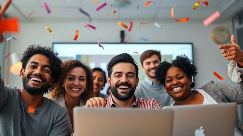 A photorealistic, professional photography image of diverse remote team members celebrating a success on a video call, with confetti falling gently around their screens and genuine smiles on their faces. The background is slightly blurred, focusing on their joyful expressions and the sense of shared achievement. Cinematic lighting, sharp focus, depth of field, 8K hyper-detailed, shot on a high-end DSLR.