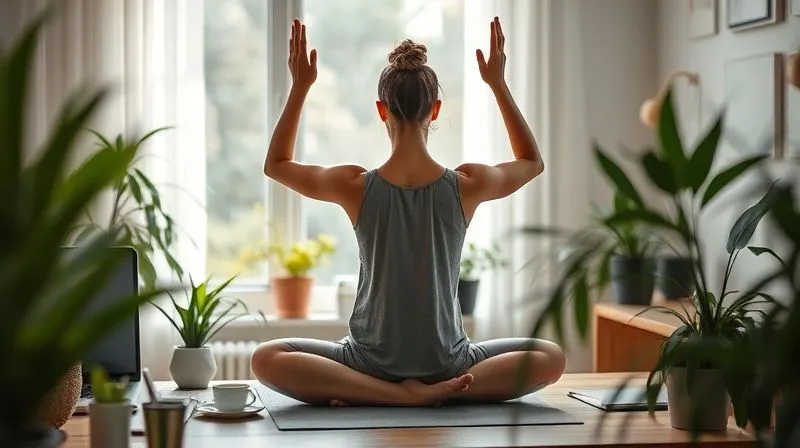 A photorealistic, professional photography image of a person practicing mindfulness or light yoga at their home office desk, surrounded by plants and soft, natural light coming through a window. The scene evokes a sense of calm, balance, and well-being in a remote work setting. Cinematic lighting, sharp focus on the person, depth of field blurring the background, 8K hyper-detailed, shot on a high-end DSLR.