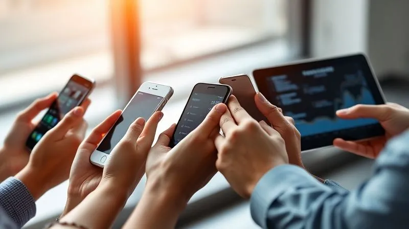 A photorealistic, professional photography image of a diverse group of hands, each holding a different digital device (smartphone, tablet, laptop), with data visualizations (charts, graphs) subtly projected onto the screens, symbolizing the collection and analysis of feedback and engagement metrics from a remote team. The lighting is analytical yet warm, suggesting understanding. Cinematic lighting, sharp focus on the devices and data, depth of field, 8K hyper-detailed, shot on a high-end DSLR.