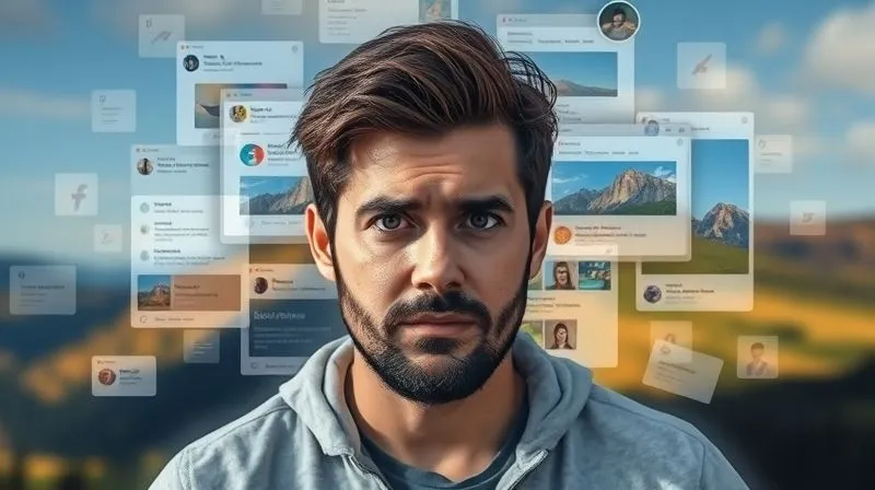 A photorealistic image of a digital nomad looking stressed, surrounded by a chaotic overlay of multiple open browser tabs and chat windows, symbolizing information overload and non-scalable tools. The background is a blurred, beautiful but ignored, natural landscape. Cinematic lighting, sharp focus on the nomad's face, 8K hyper-detailed.