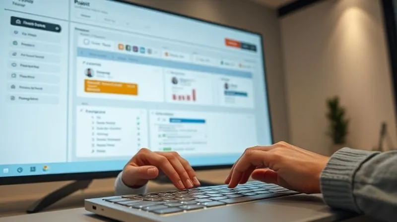 A photorealistic, professional photography of a sleek, modern dashboard on a large monitor, displaying a clean and organized project management interface with various tasks, timelines, and team members. The screen emanates a soft, inviting glow. In the foreground, a pair of hands (possibly a digital nomad's) are confidently typing on a minimalist keyboard. Cinematic lighting, sharp focus on the screen, 8K hyper-detailed.