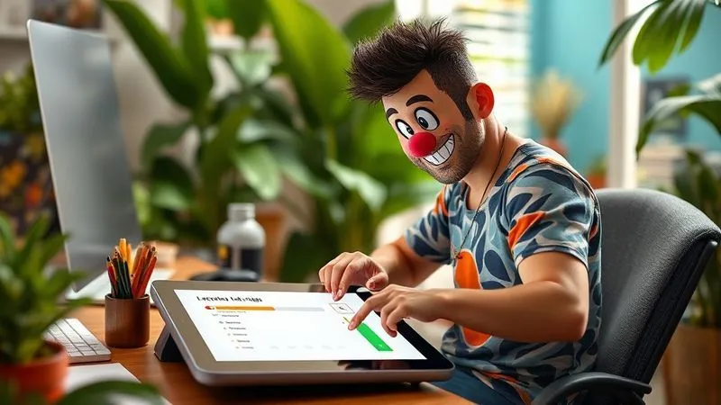 A photorealistic image showing a digital nomad happily checking off tasks on a tablet, surrounded by a vibrant, organized workspace in a tropical setting. The tablet screen displays a gamified progress bar and achievement badges. Cinematic lighting, sharp focus, depth of field, 8K, shot on a high-end DSLR.