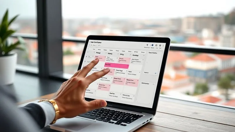 A photorealistic image of a sleek, minimalist digital planner on a laptop screen, showing a flexible schedule with tasks categorized by location (e.g., 'Bali Tasks', 'Lisbon Project'). A hand is interacting with the screen, highlighting a completed task. The background is a blurred, scenic view from a modern apartment balcony overlooking a vibrant city. Cinematic lighting, sharp focus, depth of field, 8K, shot on a high-end DSLR.