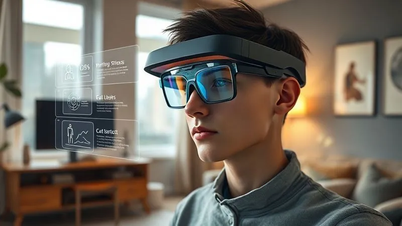 A photorealistic image of a digital nomad wearing sleek, futuristic AR glasses, interacting with a holographic interface that displays project management tasks floating in the air of a cozy, well-lit apartment. The nomad has a focused and determined expression. Cinematic lighting, sharp focus on the AR interaction, depth of field blurring the background, 8K, shot on a high-end DSLR.