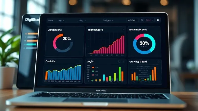 A photorealistic image of a dashboard displaying various metrics related to digital nomad learning outcomes: 'Action Rate' (high percentage), 'Impact Score' (rising graph), and 'Testimonial Count' (growing number). The data is presented in a clean, modern UI. Cinematic lighting, sharp focus on the dashboard, depth of field blurring a laptop in the foreground, 8K, shot on a high-end DSLR.