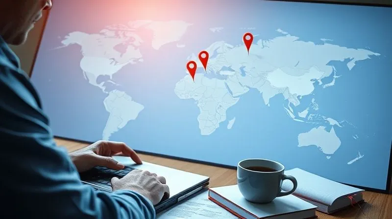 A photorealistic image of a person with a laptop, looking at a world map with strategic pins, surrounded by notebooks and a coffee cup, representing strategic planning for a global business. Cinematic lighting, sharp focus, 8K, professional photography, depth of field.