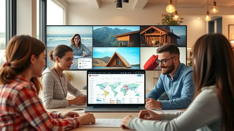 A photorealistic image of diverse remote team members collaborating on a video call, each in a different global location (e.g., beach, mountain cabin, urban cafe), with a shared project management dashboard visible. Cinematic lighting, professional photography, 8K, sharp focus.
