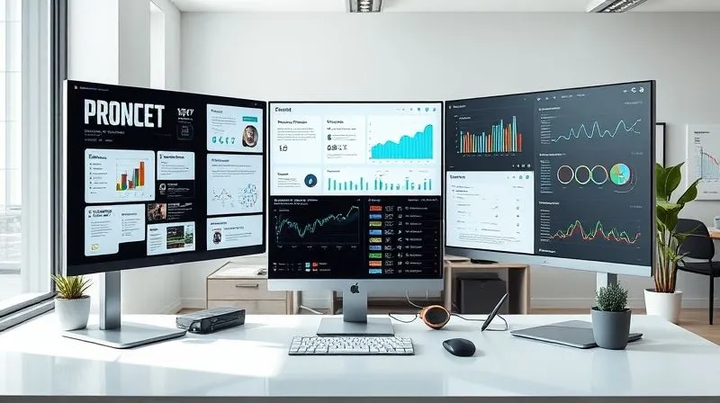 A photorealistic image of a sleek, modern workstation with multiple screens displaying various productivity tools like project management software, communication apps, and analytics dashboards, set in a minimalist, light-filled co-working space. Cinematic lighting, professional photography, 8K, sharp focus.