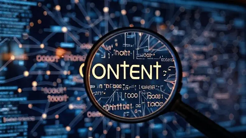 A photorealistic image of a magnifying glass hovering over a complex network of interconnected keywords and content ideas on a digital screen, with subtle glowing lines representing data flow. Cinematic lighting highlights the intricate details, sharp focus on the keywords, depth of field blurring the background of a modern workspace. 8K hyper-detailed, professional photography, shot on a high-end DSLR.