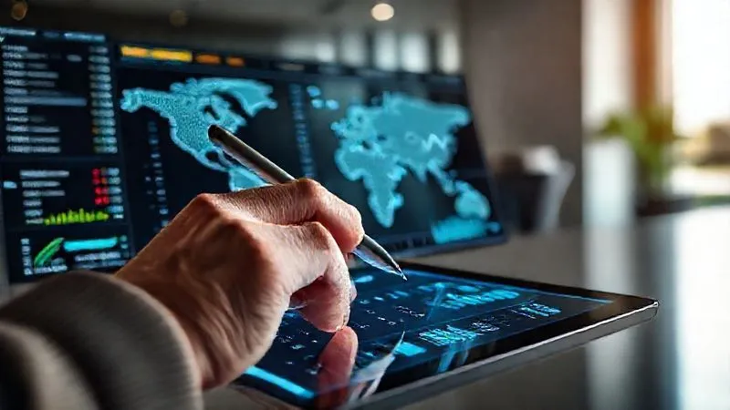 A photorealistic image of a digital ledger or financial dashboard with various currencies and international transaction data displayed, overlaid with a subtle world map. A hand is interacting with a stylus on a tablet showing financial graphs. Cinematic lighting casts a glow on the screen, sharp focus on the data, depth of field blurring a background of a modern, minimalist office. 8K hyper-detailed, professional photography, shot on a high-end DSLR.