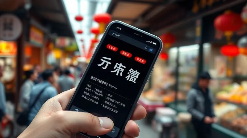 A photorealistic close-up of a smartphone screen displaying a Mandarin learning app, with pinyin and characters clearly visible. The phone is held by a hand with a background of a blurred bustling Asian market, conveying a sense of on-the-go learning. Cinematic lighting, sharp focus on the screen, depth of field, 8K hyper-detailed, professional photography, shot on a high-end DSLR.