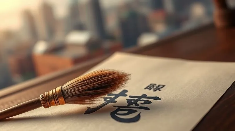 A photorealistic image of a vintage Chinese calligraphy brush poised over a traditional rice paper with a beautifully rendered Mandarin character. The background shows a blurred, modern cityscape, symbolizing the blend of tradition and contemporary learning. Cinematic lighting, sharp focus on the brush and character, depth of field, 8K hyper-detailed, professional photography, shot on a high-end DSLR.