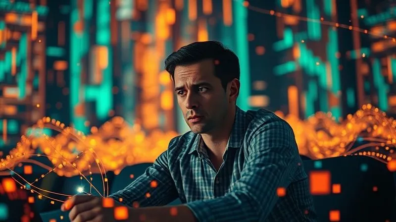 A photorealistic image of a person sitting amidst an overwhelming torrent of glowing digital information, represented by flowing streams of text and data. The person looks slightly stressed and confused, trying to grasp individual pieces of information, with a blurred background of a vibrant, chaotic digital landscape. Cinematic lighting, sharp focus on the person, depth of field. 8K hyper-detailed, professional photography, shot on a high-end DSLR.