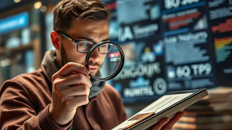 A photorealistic image of a digital nomad holding a magnifying glass over a tablet displaying various articles and books, with a focused, discerning expression. The background shows a blend of chaotic, blurred digital information contrasting with a few clearly highlighted, organized books/articles. Cinematic lighting, sharp focus on the person and tablet, depth of field. 8K hyper-detailed, professional photography, shot on a high-end DSLR.