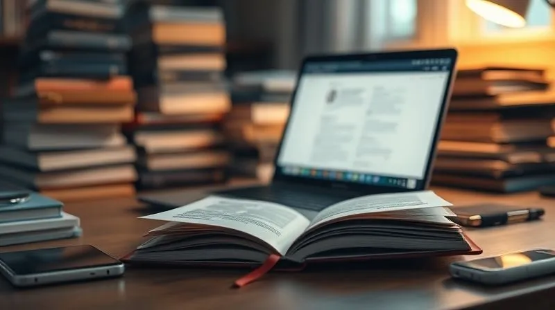 A photorealistic image of a digital nomad's workspace, meticulously organized with a single open book and a focused laptop screen, surrounded by a soft, warm glow. In the blurred background, there are stacks of unread books and digital devices, representing distractions being ignored. The scene conveys focus, clarity, and intentionality. Cinematic lighting, sharp focus on the organized workspace, depth of field. 8K hyper-detailed, professional photography, shot on a high-end DSLR.