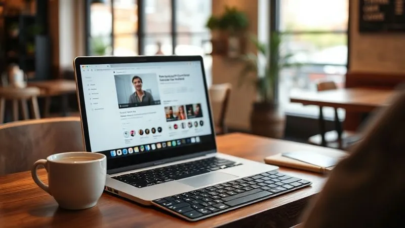 A photorealistic, professional photography shot of a minimalist and organized digital nomad workspace in a cozy cafe, with a laptop open to an online course, a cup of coffee, and a plant. Cinematic lighting, sharp focus on the screen and keyboard, depth of field blurring the cafe background, 8K hyper-detailed. The scene should evoke a sense of calm productivity and focus.