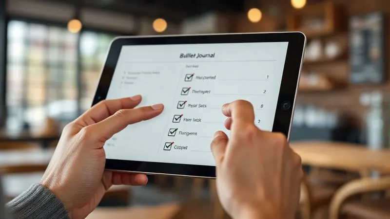 A photorealistic, professional photography image of a hand using a digital bullet journal on a tablet, with checkmarks next to completed tasks for online courses. The background is a blurred, cozy coffee shop. Cinematic lighting, sharp focus on the tablet screen, depth of field, 8K hyper-detailed. The scene conveys organization and achievement.
