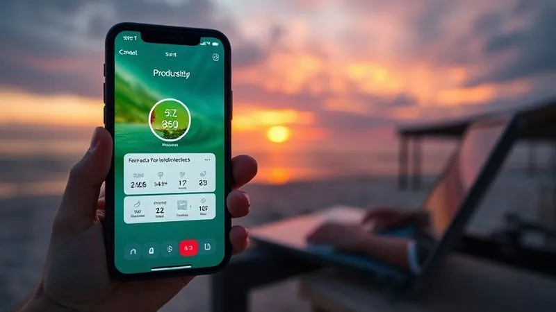 A photorealistic, professional photography image showing a smartphone screen displaying a productivity app (like Forest or a Pomodoro timer), with a blurred background of a scenic beach at sunset where a digital nomad is working on a laptop. Cinematic lighting, sharp focus on the phone screen, depth of field, 8K hyper-detailed. The scene represents balancing work, study, and the nomadic lifestyle effectively.