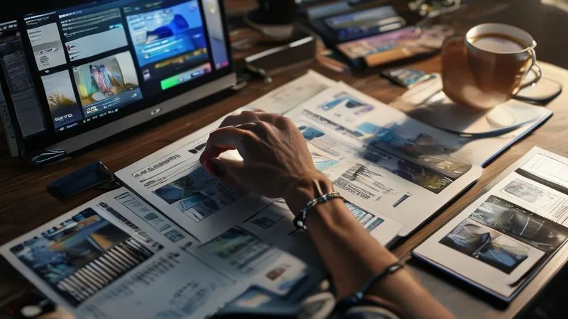 A photorealistic image of a person's hands meticulously arranging a digital portfolio on a sleek laptop, surrounded by open notebooks and a cup of coffee. The screen shows various project thumbnails and a detailed case study layout. Cinematic lighting, sharp focus on the hands and screen, depth of field blurring the background, 8K hyper-detailed.