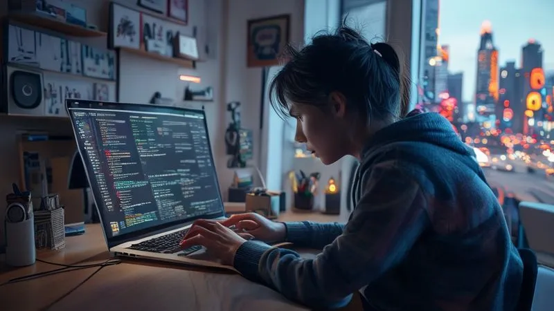 A photorealistic image of a person intensely focused on an online skill assessment test on a laptop, with a timer ticking down. The screen displays complex code or a challenging design problem. The room is minimalist, suggesting a nomadic lifestyle, with a window overlooking a bustling city. Cinematic lighting, sharp focus on the screen and the person's hands, depth of field blurring the background, 8K hyper-detailed.