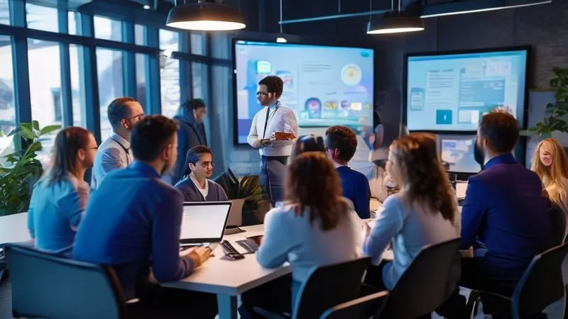 A photorealistic image of a diverse group of professionals in a modern, collaborative workspace, with one person presenting on a screen while others are actively listening and taking notes. The scene captures the essence of positive feedback and professional interaction. Cinematic lighting, sharp focus on the presenter and the engaged audience, depth of field blurring the background, 8K hyper-detailed.
