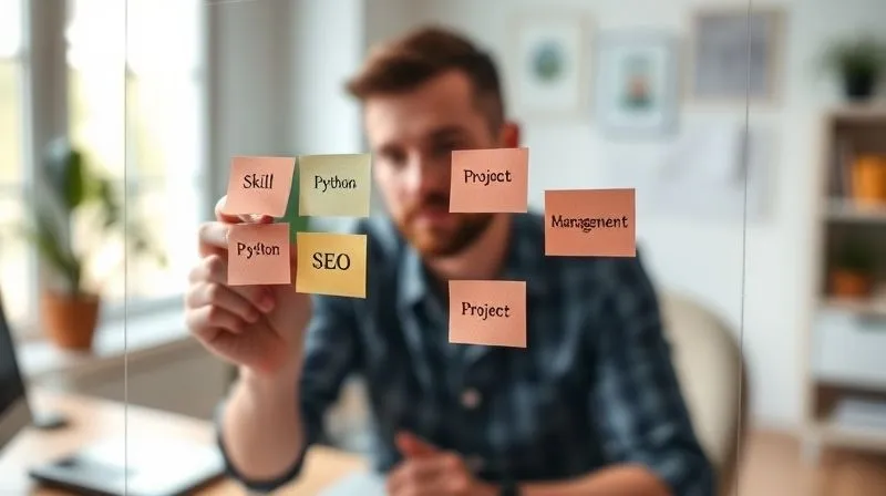 photorealistic, professional photography, 8K, cinematic lighting, sharp focus, depth of field, shot on a high-end DSLR, A person thoughtfully organizing digital sticky notes on a transparent screen, each note representing a different skill (e.g., 'Python', 'SEO', 'Project Management'). The background is a blurred, inspiring home office setup with natural light, symbolizing self-reflection and organization. The overall mood is one of clarity and strategic planning.