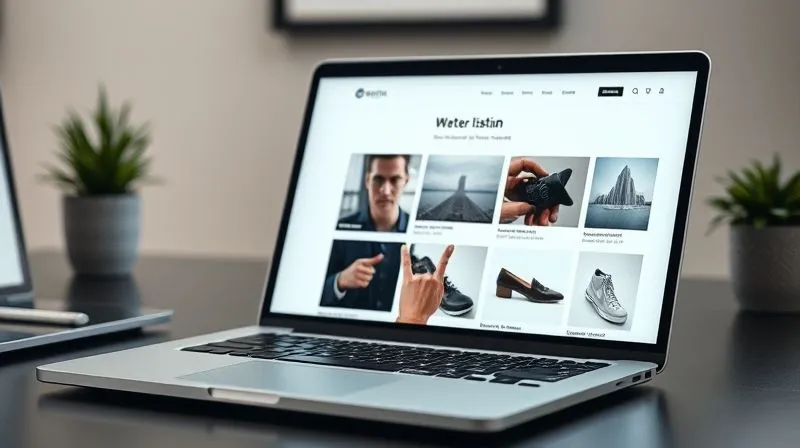 photorealistic, professional photography, 8K, cinematic lighting, sharp focus, depth of field, shot on a high-end DSLR, A sleek, modern laptop displaying a beautifully designed digital portfolio website. The screen shows examples of work with clear descriptions and metrics. A hand is gently scrolling, hinting at interaction. The background is a minimalist, professional workspace, suggesting competence and attention to detail.