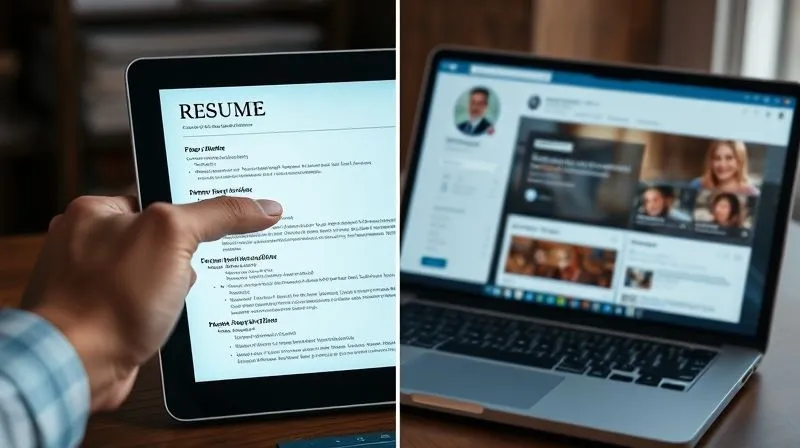 photorealistic, professional photography, 8K, cinematic lighting, sharp focus, depth of field, shot on a high-end DSLR, A split screen image. On one side, a clean, modern resume displayed on a tablet, with keywords highlighted. On the other side, a professional LinkedIn profile on a laptop, showing endorsements and recommendations. Both screens are sharp and well-lit, emphasizing clarity and professionalism. A hand is pointing to a section of the resume, symbolizing optimization.
