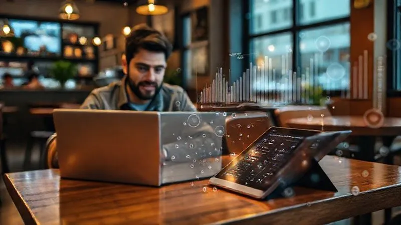 A photorealistic, professional photography, 8K, cinematic lighting, sharp focus, depth of field, shot on a high-end DSLR, showing a digital nomad on a laptop, with a language learning app open on a tablet beside them, surrounded by a subtle holographic overlay of data points and progress metrics, symbolizing the strategic use of apps for professional language acquisition. The setting is a cozy, yet modern, cafe in a foreign city.