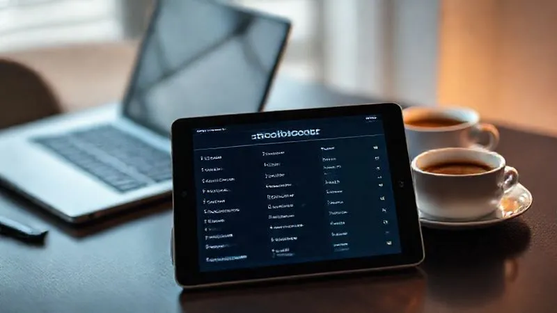 A photorealistic, professional photography, 8K, cinematic lighting, sharp focus, depth of field, shot on a high-end DSLR, showing a digital nomad intensely focused on a tablet, displaying a language learning app interface with a customized vocabulary list related to 'Fintech Terminology'. The background is a modern, minimalist desk with a laptop and a cup of coffee, suggesting a dedicated study session.