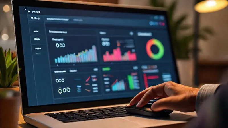 A photorealistic, professional photography, 8K, cinematic lighting, sharp focus, depth of field, shot on a high-end DSLR, depicting a clean, minimalist dashboard on a computer screen showing various language learning progress metrics like vocabulary growth, speaking practice hours, and comprehension scores, with a digital nomad's hand hovering over a mouse, ready to analyze the data. The background is slightly blurred, suggesting a focus on the digital interface.