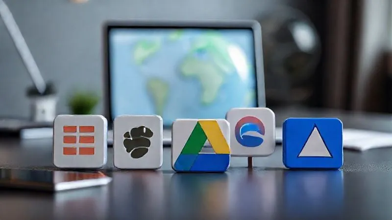 A diverse array of modern digital productivity tools icons (Trello, Slack, Notion, Zoom, Google Drive) arranged dynamically on a sleek, minimalist desk with a laptop and a globe in the background. Photorealistic, professional photography, 8K, cinematic lighting, sharp focus on the icons, depth of field blurring the background, shot on a high-end DSLR.