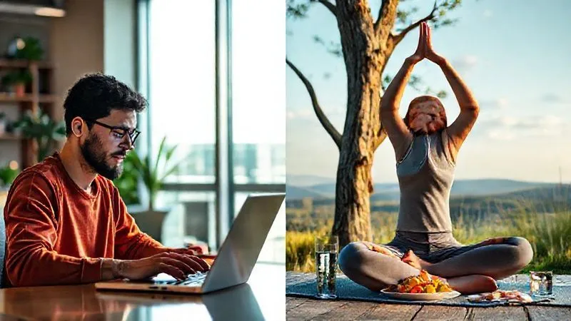 A balanced depiction of a digital nomad's day: one side showing a person deeply focused on a laptop in a modern co-working space, and the other side showing the same person engaged in a yoga pose outdoors with a serene landscape, with healthy food and a glass of water nearby. Photorealistic, professional photography, 8K, cinematic lighting, sharp focus on both scenes, depth of field separating the two, shot on a high-end DSLR.