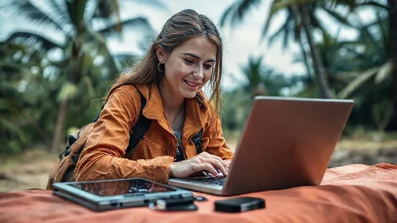 A digital nomad looking calmly at a broken laptop screen, with a backup tablet and an external hard drive beside her, illustrating problem-solving and preparedness in a remote setting. Photorealistic, professional photography, 8K, cinematic lighting, sharp focus on the tools, depth of field blurring a serene, yet slightly challenging, tropical background, shot on a high-end DSLR.