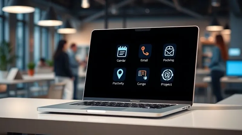 A photorealistic image of a sleek, modern laptop screen displaying various app icons for productivity and automation (e.g., calendar, email, cloud storage, project management). The icons are glowing subtly, representing efficiency and connectivity. The laptop is on a minimalist desk with a blurred background of a bustling co-working space, suggesting seamless work in any environment. Cinematic lighting, sharp focus on the screen, 8K hyper-detailed.
